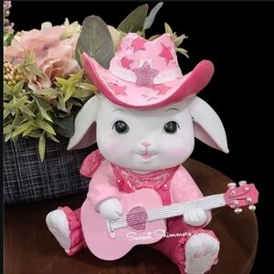 Rodeo Bunny Girl Sparkly w/ Pink Cowgirl Hat & Overalls Playing Guitar Figurine
